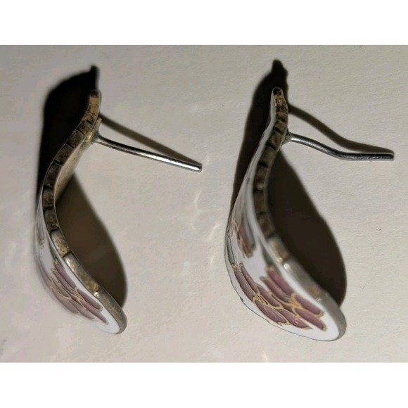 CLOISONNE BLUE BUTERRFLY & FLOWERS POST EARRINGS MULTICOLOR ENAMEL VINTAGE HTF - Picture 4 of 8